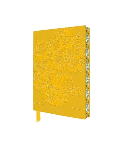Yellow notebook featuring an embossed Van Gogh Sunflowers design and a patterned spine.