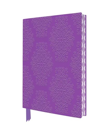 Purple notebook with an embossed damask pattern and a decorative spine.