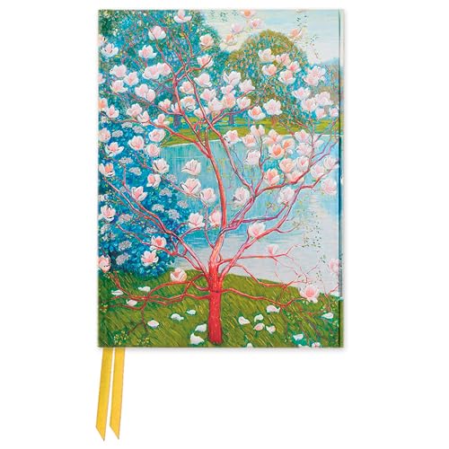 A pocket journal featuring a painting of a blooming magnolia tree by a lake.