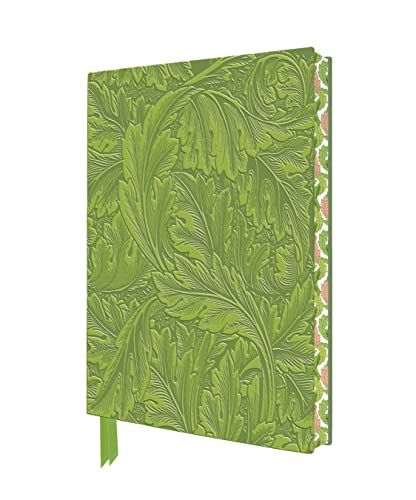 A green notebook featuring an embossed William Morris acanthus leaf pattern on the cover.