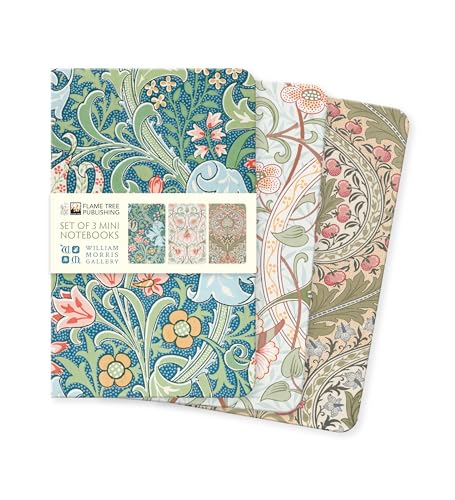 Three small notebooks with floral William Morris designs stacked slightly.