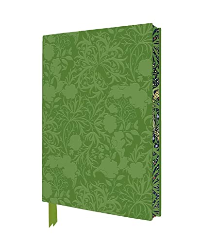 A green notebook with a William Morris seaweed pattern and a matching ribbon bookmark.