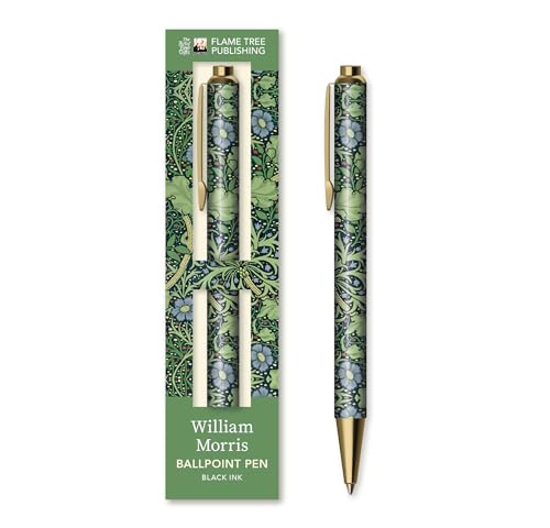 Green and blue floral pen with gold accents, in its packaging.