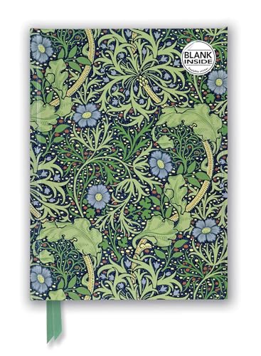 Journal with a William Morris seaweed pattern of blue flowers and green foliage.