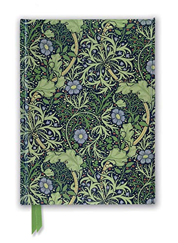 Closed journal with William Morris’s “Seaweed” design in green and blue.