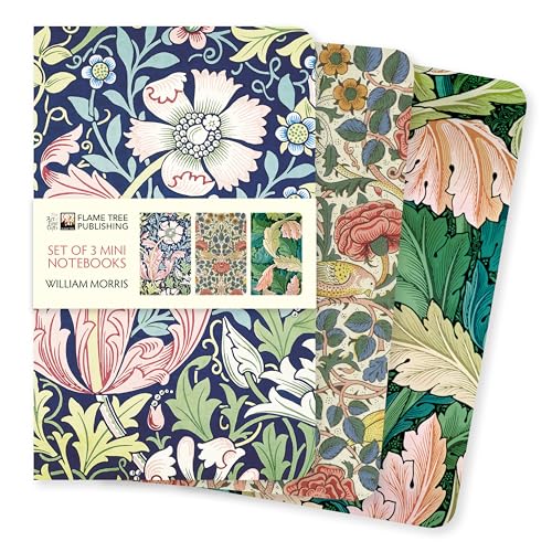 Three mini notebooks featuring William Morris floral and botanical patterns on a white background.