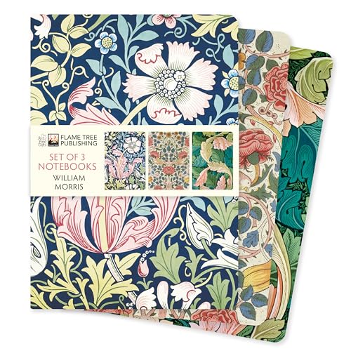 Three William Morris patterned notebooks stacked with floral designs.