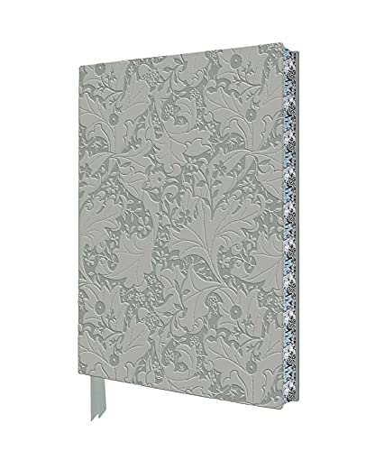 A grey notebook with an embossed William Morris floral pattern and a ribbon bookmark.