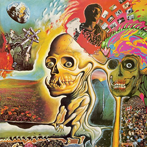 Surreal album cover with distorted faces, a landscape, and celestial imagery.