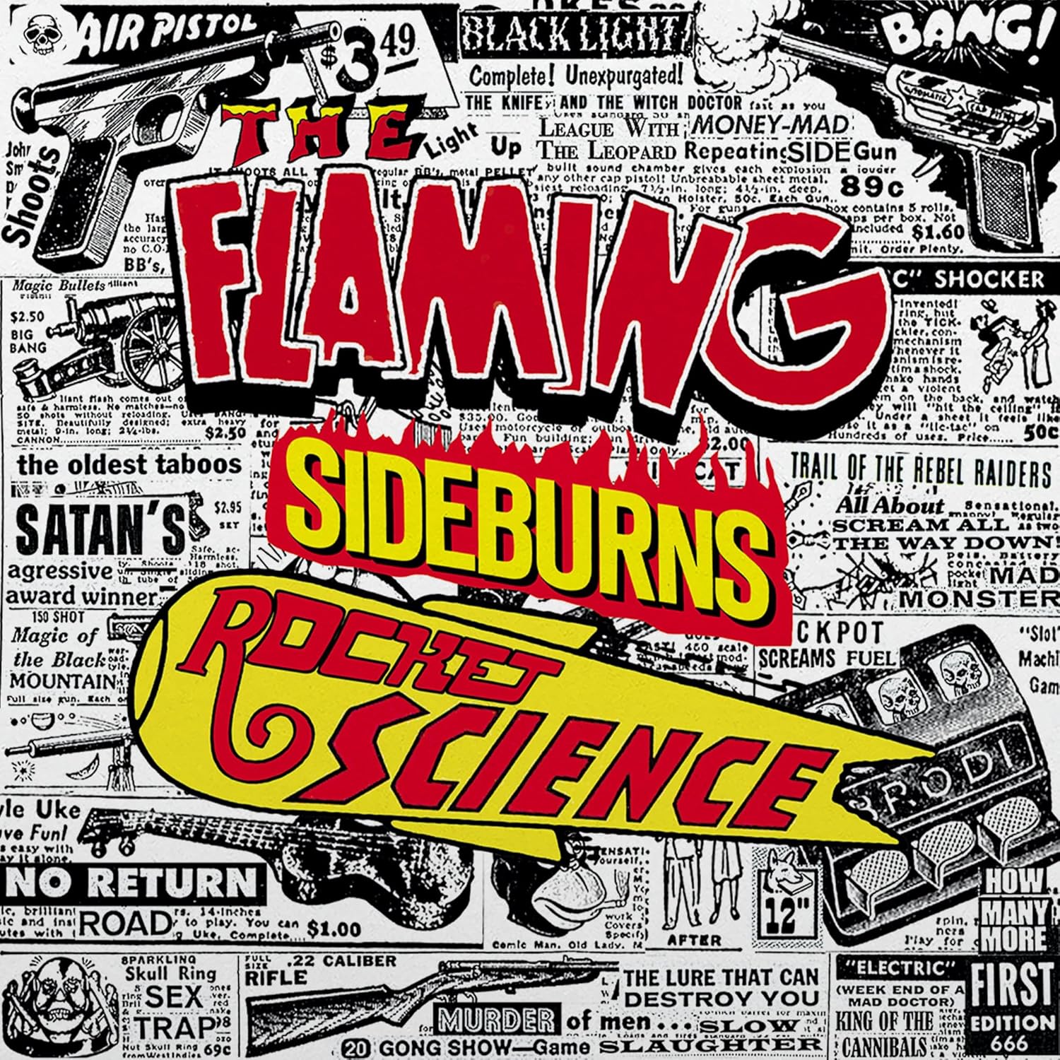 CD cover for "Flaming Sideburns - Rocket Science" with retro comic book style.