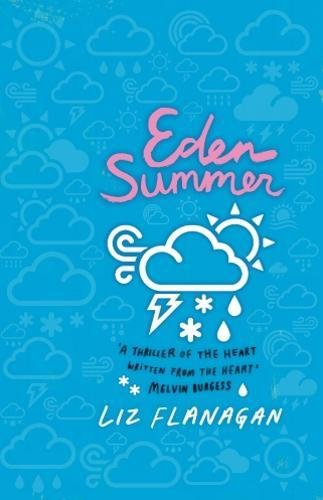 Book cover: “Eden Summer” with clouds, sun, rain, and lightning illustrations.