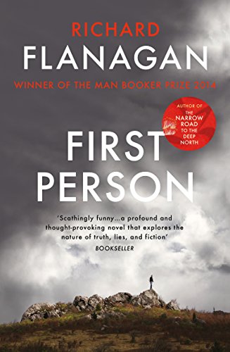 Book cover for "First Person" by Richard Flanagan, with a stormy landscape.