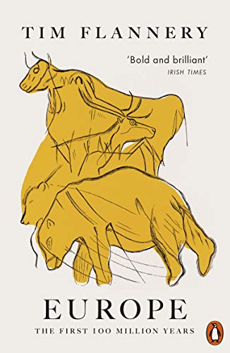 Book cover with golden line drawings of prehistoric mammals and title “Europe”.