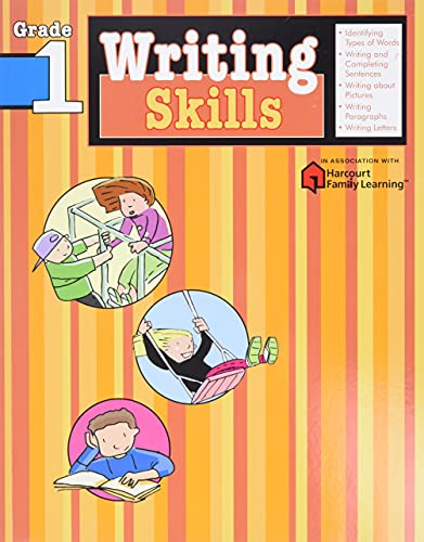 First grade writing skills workbook cover with children playing.