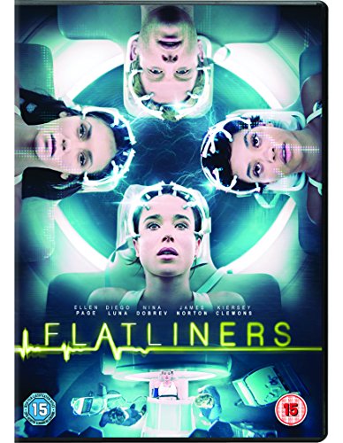 "Flatliners DVD cover featuring five medical students with headgear, in a medical setting."