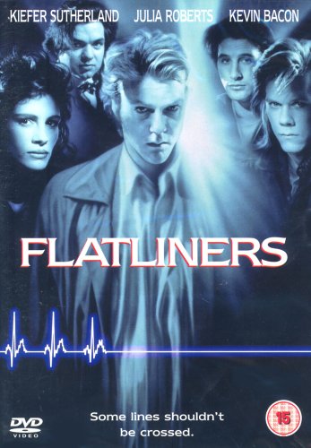 DVD cover for "Flatliners" featuring a group of actors and a heartbeat line.