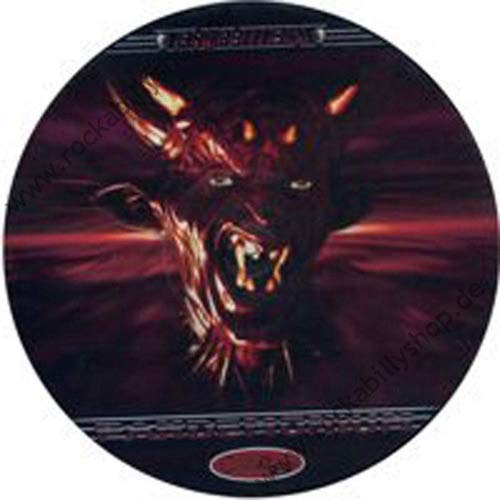 Round vinyl record with demonic panther illustration in red and black.