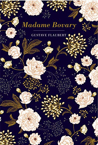 Book cover of "Madame Bovary" with floral pattern on a dark background.