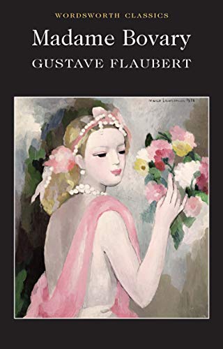 Book cover of Madame Bovary featuring a painting of a woman holding flowers.