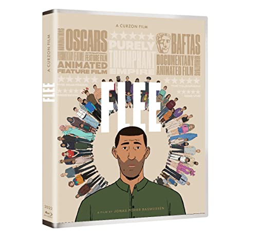 Flee" Blu-ray cover featuring an animated man surrounded by figures.