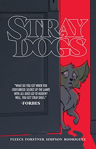 Book cover: "Stray Dogs" with a cartoon dog peering from a doorway.