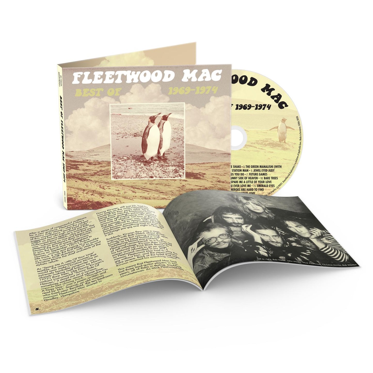 Fleetwood Mac Best of 1969-1974 CD case, disc, and open booklet on white background.