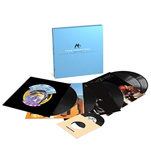 "Blue box set containing multiple vinyl records and album covers on a white background."