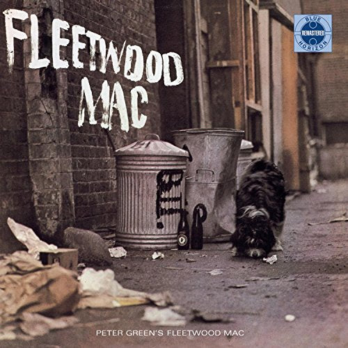 Fleetwood Mac album cover with band name, trash cans, and a dog.