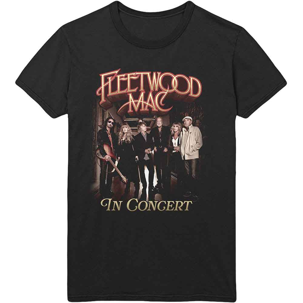 Black Fleetwood Mac “In Concert” t-shirt with band image, worn by a man.