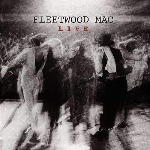 "Black and white image of Fleetwood Mac performing on stage, with 'LIVE' in red."
