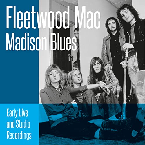 Black and white photo of Fleetwood Mac members on a blue and white background.