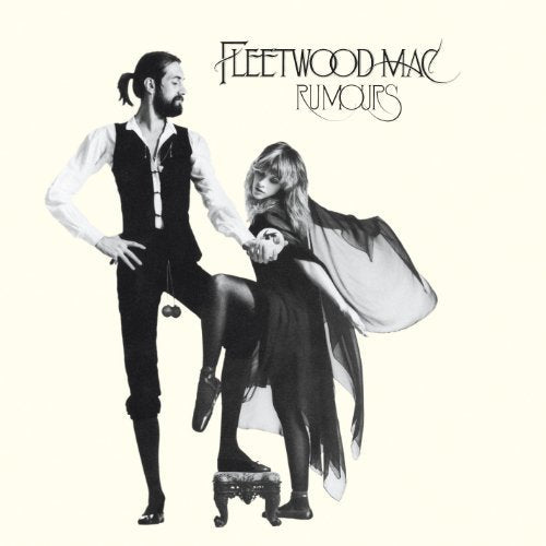 "Black and white image of Fleetwood Mac's 'Rumours' album cover featuring a man and woman."