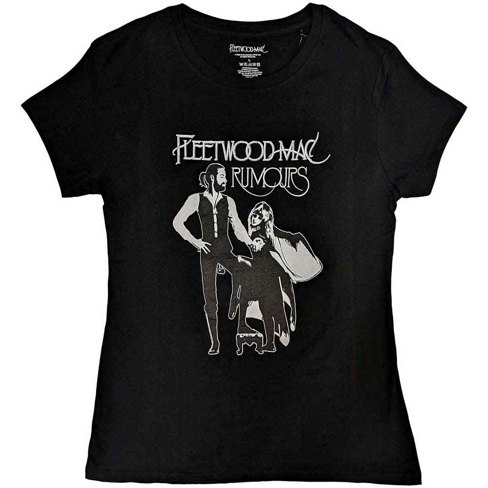 White ladies t-shirt with black Fleetwood Mac “Rumours” album artwork.