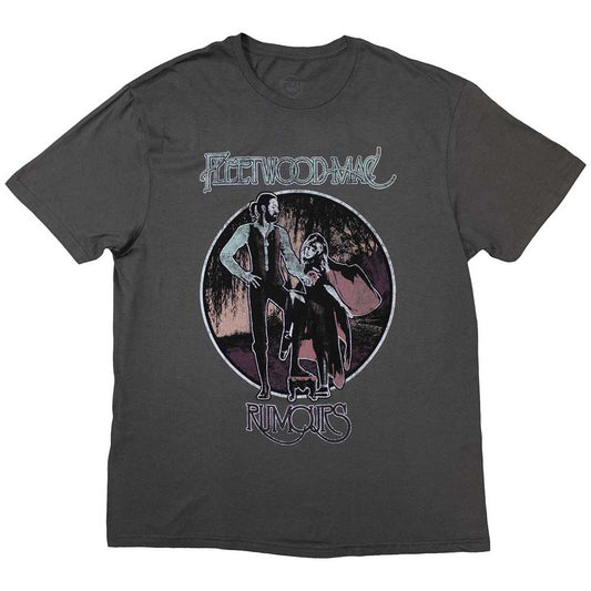 A man wearing a grey Fleetwood Mac Rumours graphic t-shirt against a white background.