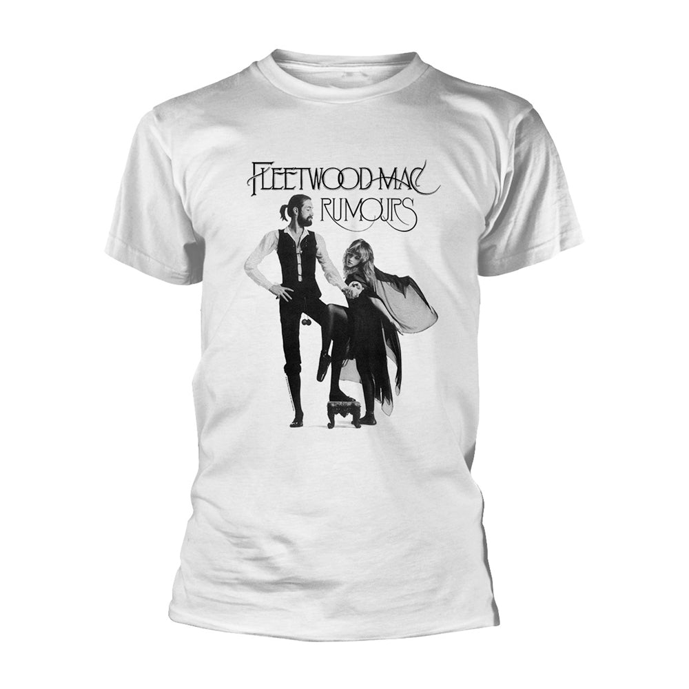 White t-shirt with black and white Fleetwood Mac “Rumours” album art.