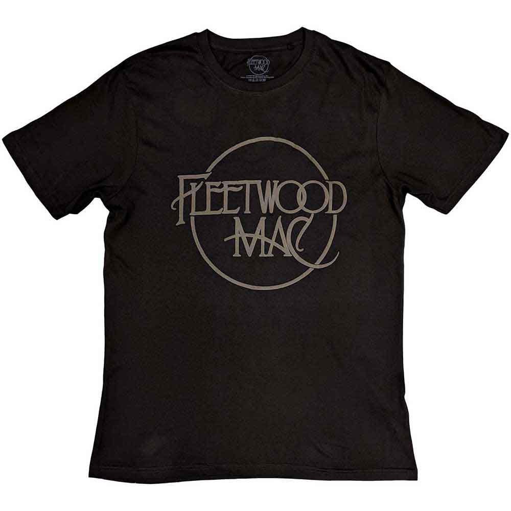 Large black t-shirt with vintage Fleetwood Mac logo centered on chest.