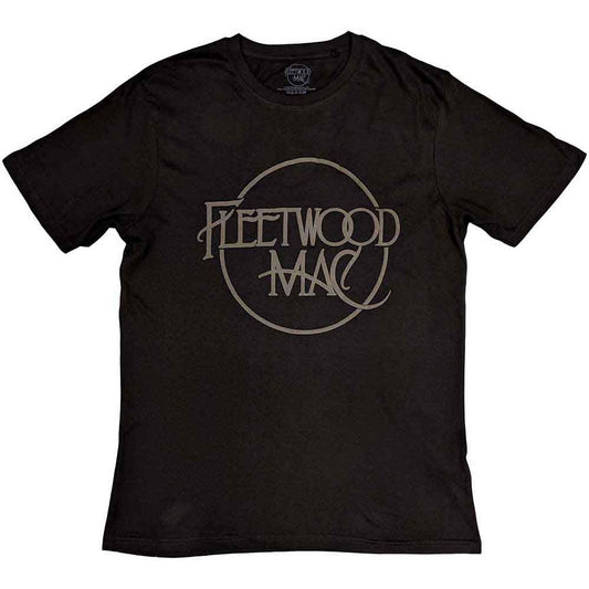 Large black t-shirt with vintage Fleetwood Mac logo centered on chest.