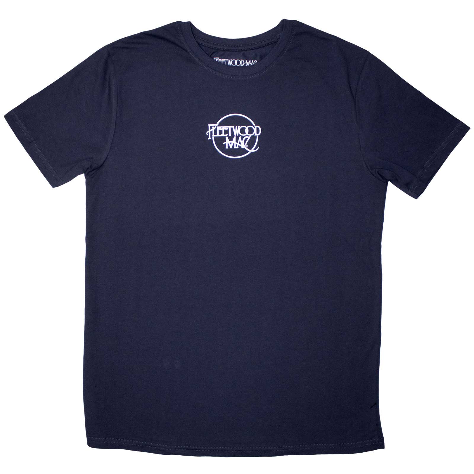 Black unisex t-shirt featuring a small Fleetwood Mac logo centered on the chest.