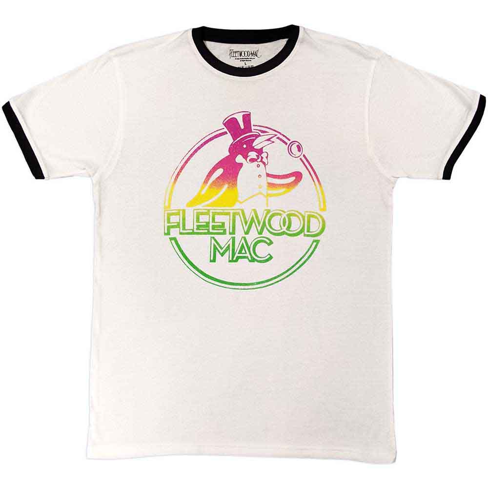 Fleetwood Mac t-shirt, large size, with a penguin graphic and ringer neckline.