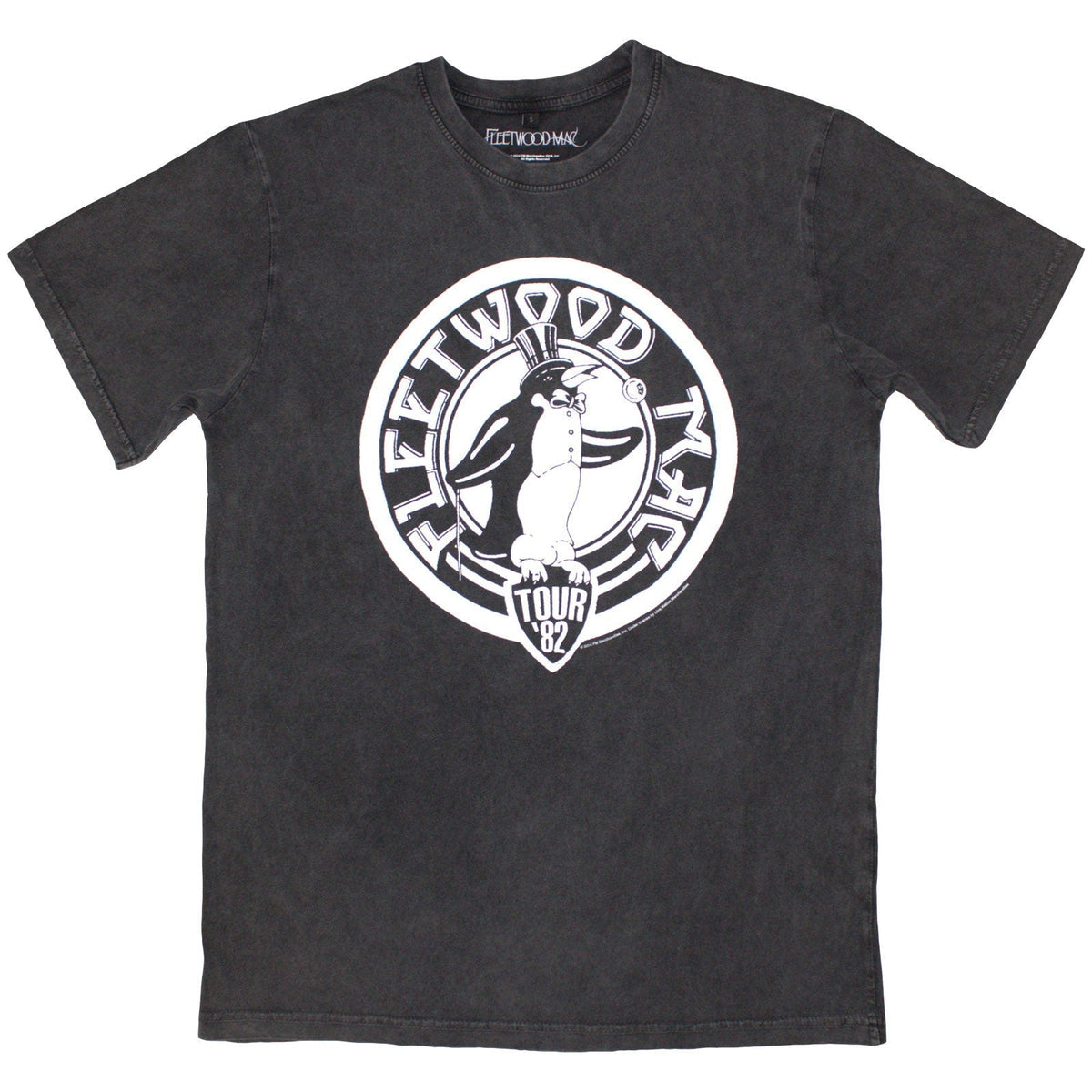 Stone wash t-shirt featuring a Fleetwood Mac "Tour '82" penguin graphic, size X-Large.