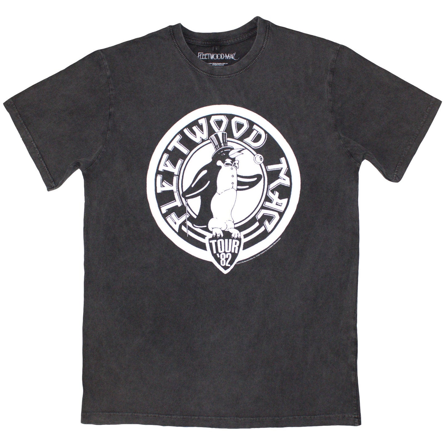 Stone wash t-shirt featuring a Fleetwood Mac "Tour '82" penguin graphic, size X-Large.