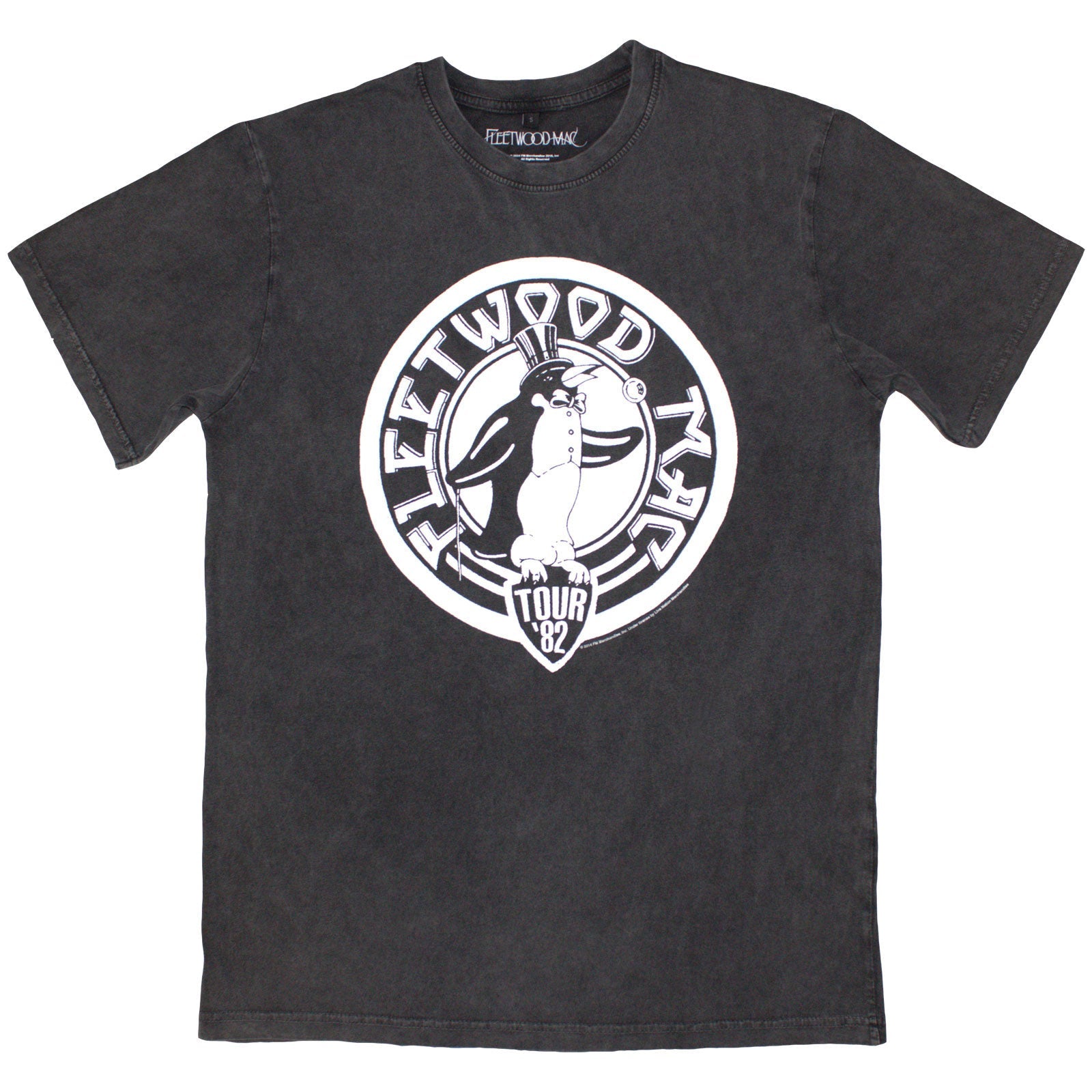 Stone wash t-shirt featuring a Fleetwood Mac "Tour '82" penguin graphic, size X-Large.