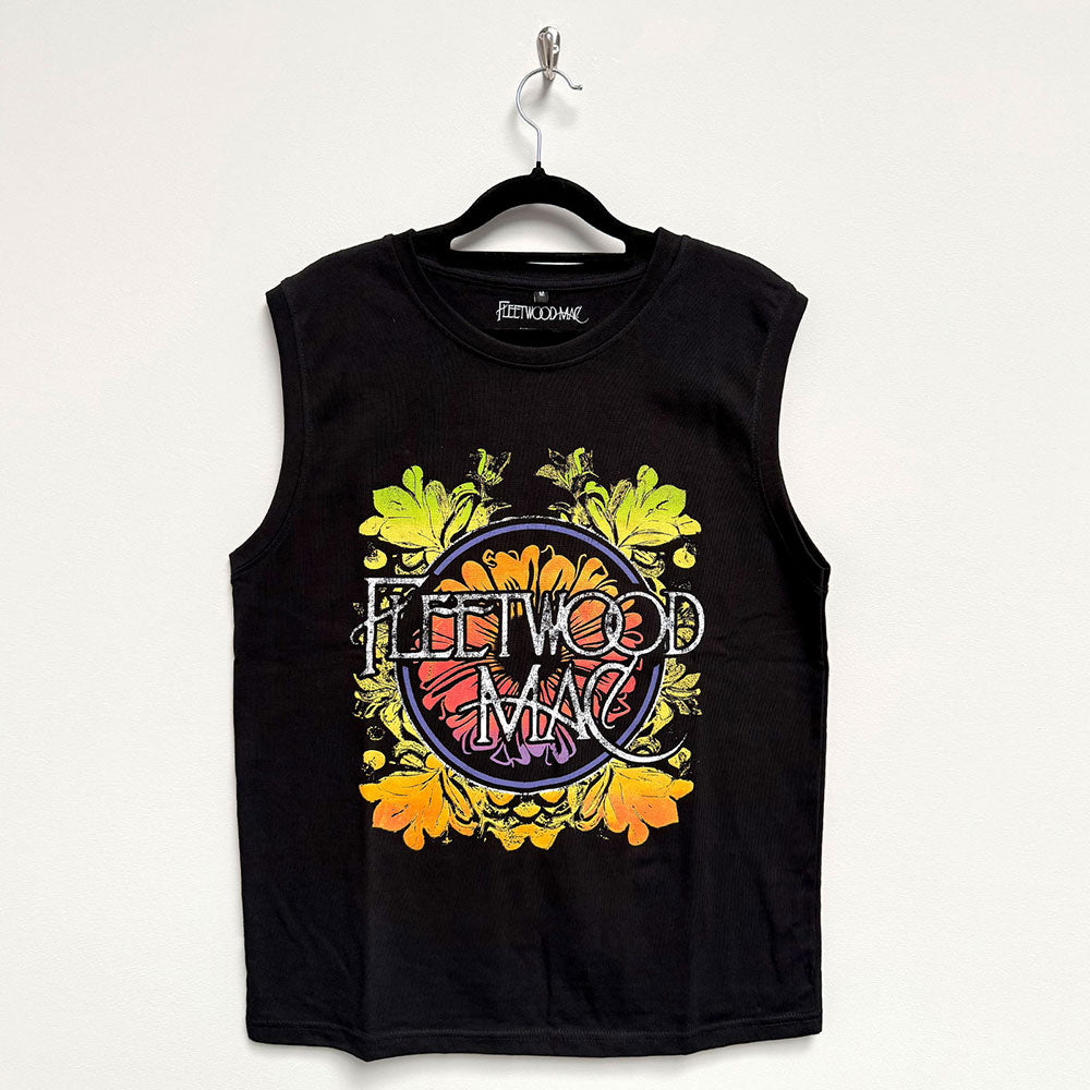 Black unisex tank top featuring a circular floral Fleetwood Mac logo on the chest.