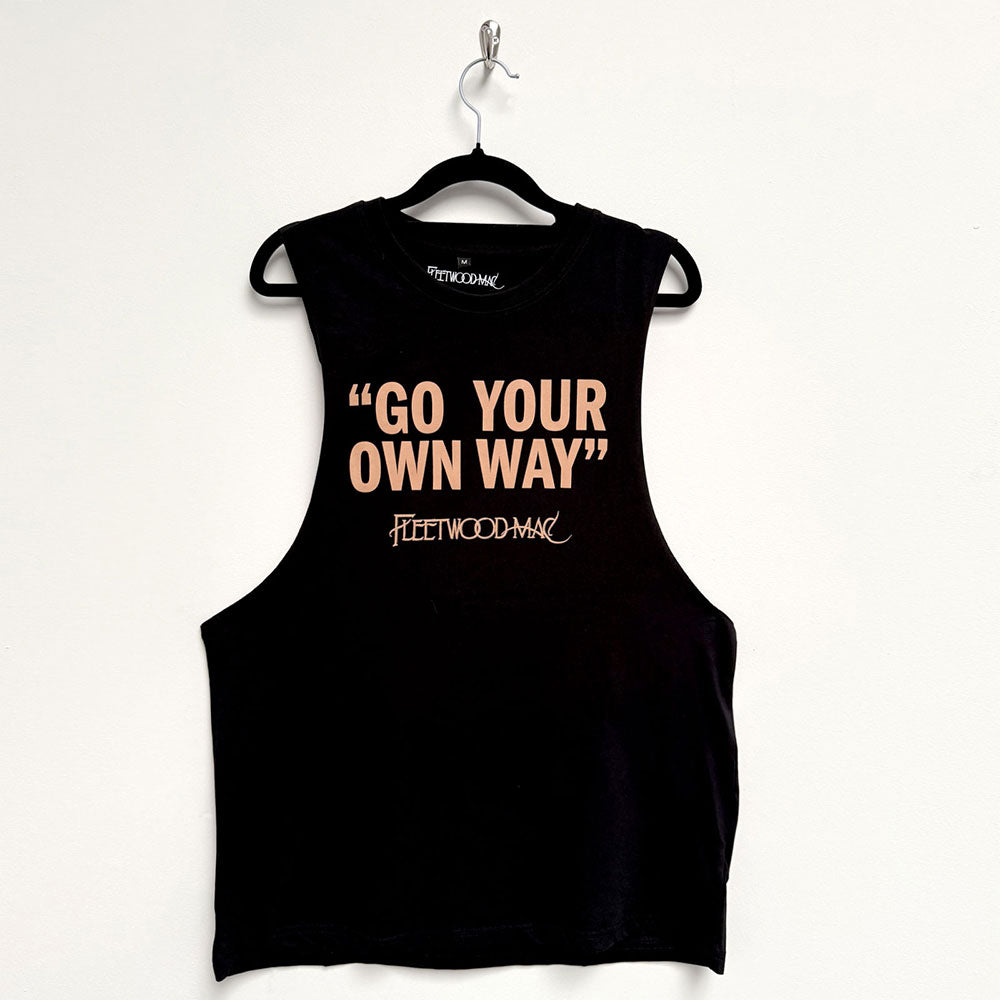 Black unisex sleeveless t-shirt featuring a Fleetwood Mac Go Your Own Way graphic print.