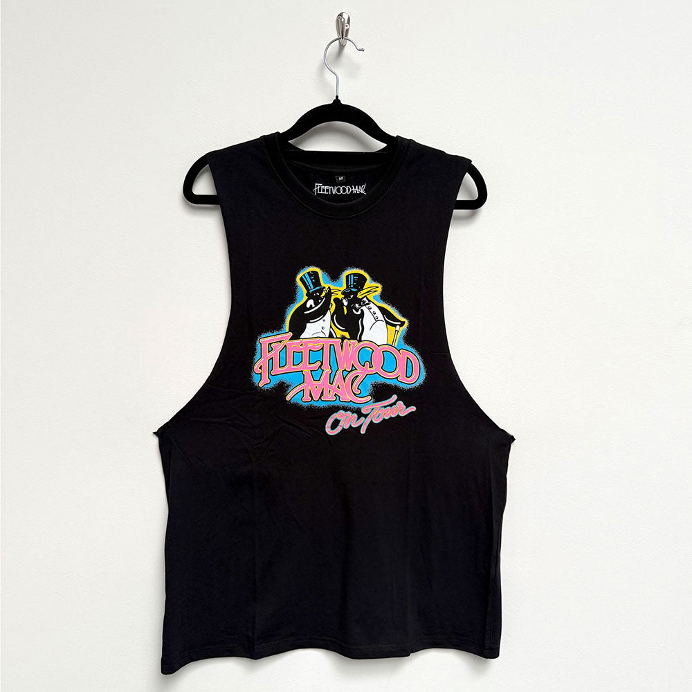 Black unisex sleeveless t-shirt featuring a Fleetwood Mac tour graphic on the front.