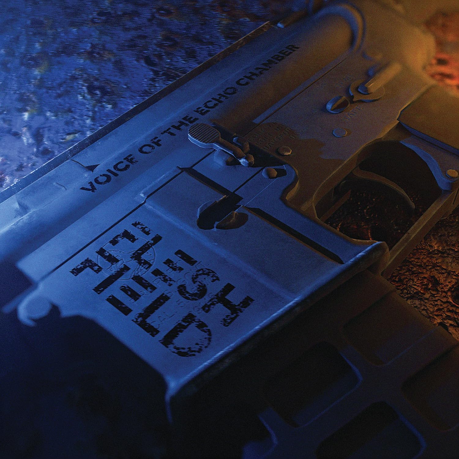 CD case resembling a gun with distorted text and shadows.
