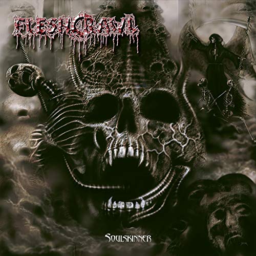 Dark album cover with a skull and grim reaper, featuring "Fleshcrawl" in red.