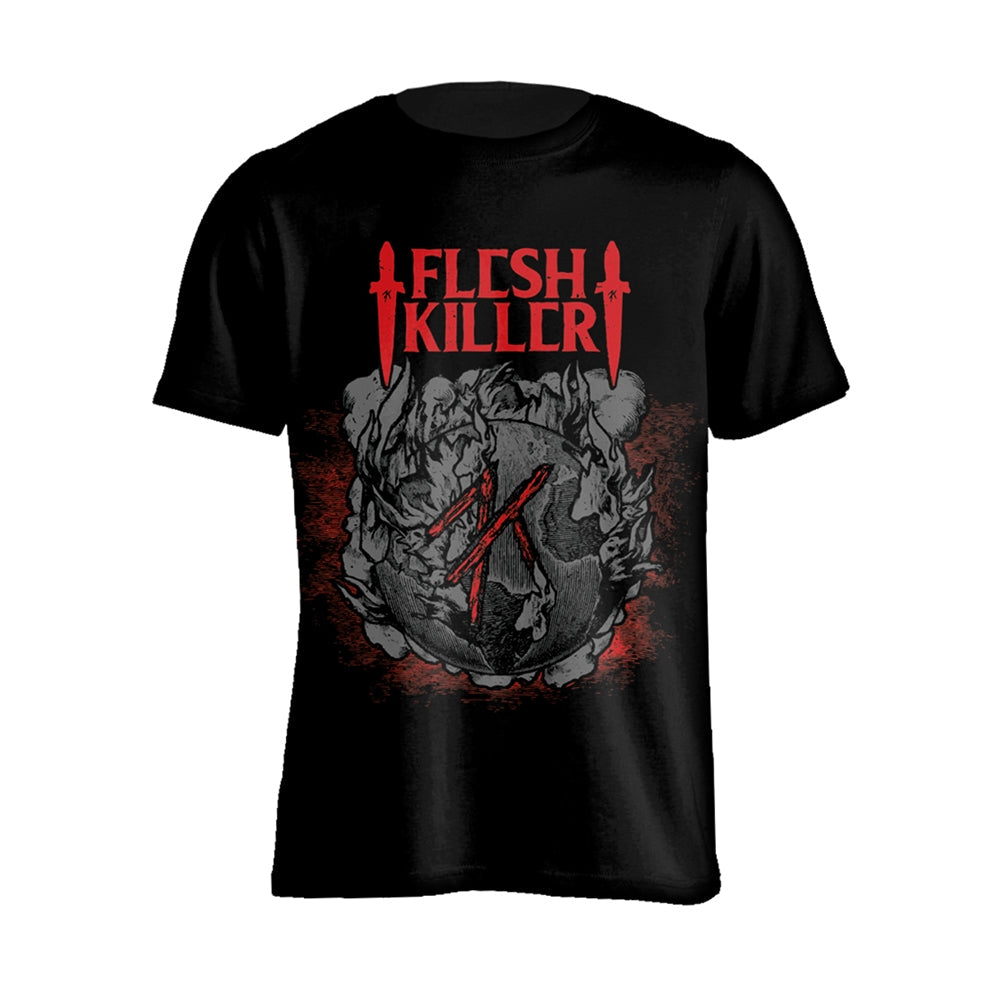 Black t-shirt with red "FLESHKILLER" text and skull graphic.