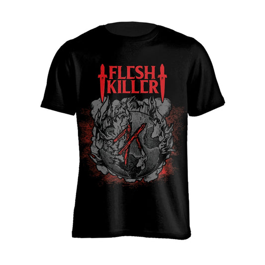 Black t-shirt with red "FLESHKILLER" text and skull graphic.