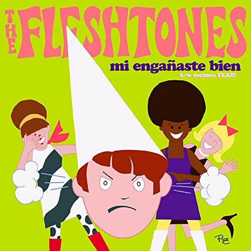 Bright green album cover with cartoon band members and pink text.